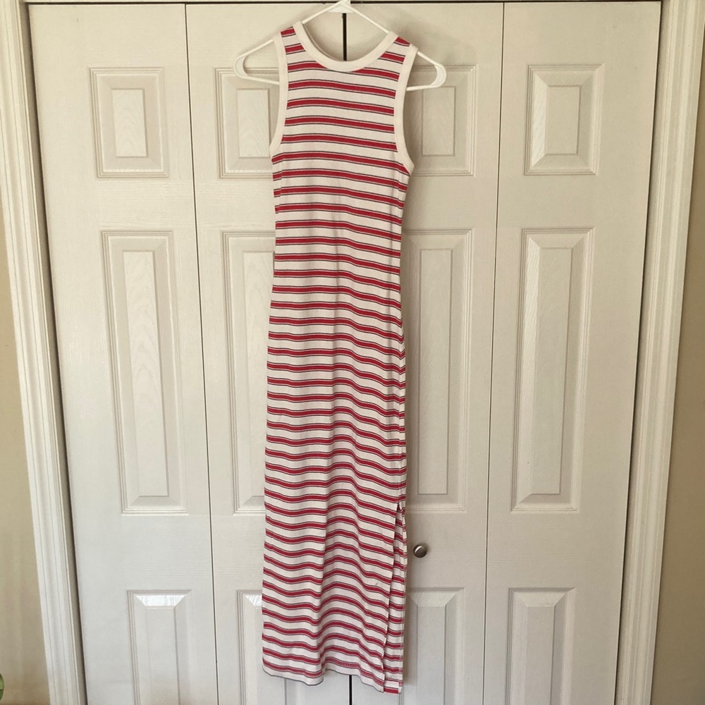 Red and White Striped Maxi Dress with Slit